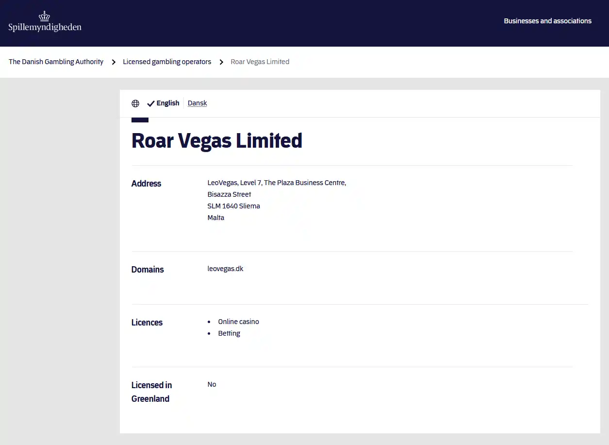 Spillemyndighedens registerside for Roar Vegas Limited og leovegas.dk