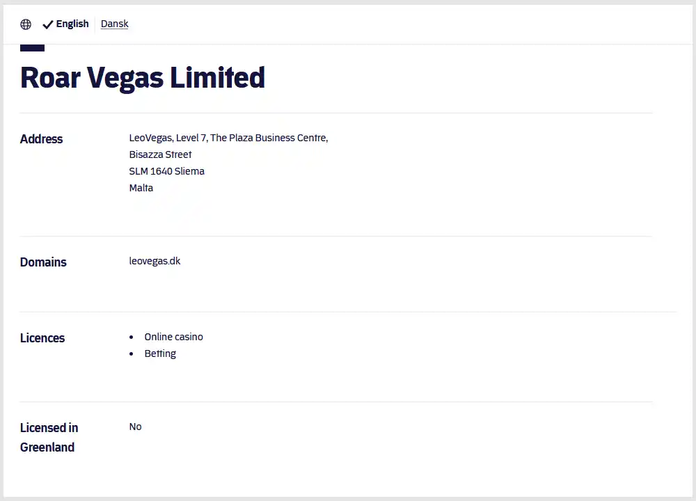 Visning af Spillemyndighedens registerpost for Roar Vegas Limited